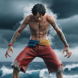 An aesthetically enhanced version of Monkey D. Luffy from One Piece in his speculated Gear 5 form, with intricate tattoos of pirate symbols, steam swirling around him and a backdrop of a stormy sea under a dramatic sky.