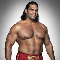 A detailed portrait of a globally renowned WWE wrestler, The Great Khali (Dalip Singh Rana), showcasing his towering physique, traditional Indian wrestling attire and his signature confident smirk.