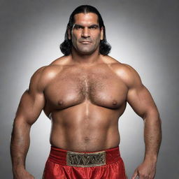 A detailed portrait of a globally renowned WWE wrestler, The Great Khali (Dalip Singh Rana), showcasing his towering physique, traditional Indian wrestling attire and his signature confident smirk.