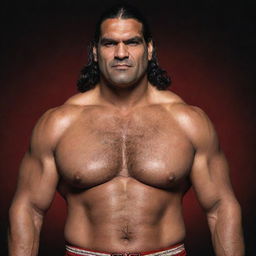 A detailed portrait of a globally renowned WWE wrestler, The Great Khali (Dalip Singh Rana), showcasing his towering physique, traditional Indian wrestling attire and his signature confident smirk.