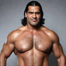 A detailed portrait of a globally renowned WWE wrestler, The Great Khali (Dalip Singh Rana), showcasing his towering physique, traditional Indian wrestling attire and his signature confident smirk.