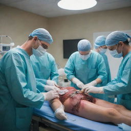 A high-intensity scene in an operation room during heart surgery with multiple doctors. Surgical tools used, blood flow managed, and the team contending with the urgency