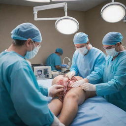 A high-intensity scene in an operation room during heart surgery with multiple doctors. Surgical tools used, blood flow managed, and the team contending with the urgency