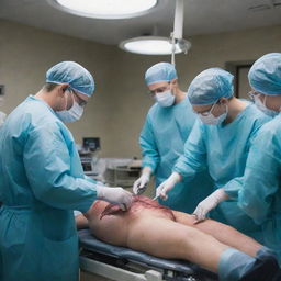 A high-intensity scene in an operation room during heart surgery with multiple doctors. Surgical tools used, blood flow managed, and the team contending with the urgency