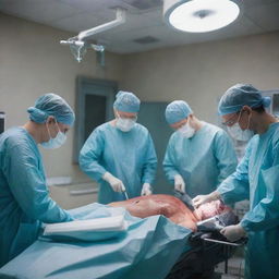 A high-intensity scene in an operation room during heart surgery with multiple doctors. Surgical tools used, blood flow managed, and the team contending with the urgency