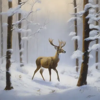 The painting captures the intensity of the trailing of a deer in a snow-covered forest.
