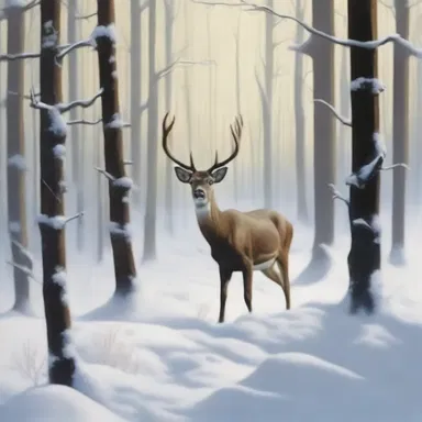 The painting captures the intensity of the trailing of a deer in a snow-covered forest.