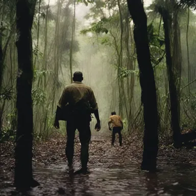 The gripping thriller movie features several breathtaking scenes of trailing through dense jungles.