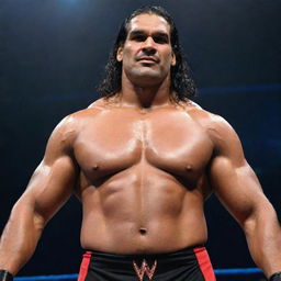 A vivid image of Dalip Singh Rana, famously known as 'The Great Khali', in his wrestling attire within a WWE ring, showcasing his towering physique and imposing presence.