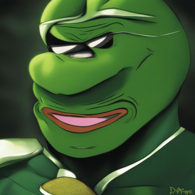 This is a digital art image featuring Perfect Cell from Dragonball Z, humorously transformed to resemble the meme character, Big Pepe