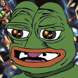 This is a digital art image featuring Perfect Cell from Dragonball Z, humorously transformed to resemble the meme character, Big Pepe