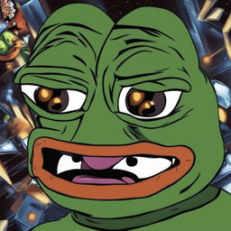 This is a digital art image featuring Perfect Cell from Dragonball Z, humorously transformed to resemble the meme character, Big Pepe