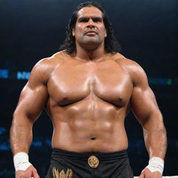 A vivid image of Dalip Singh Rana, famously known as 'The Great Khali', in his wrestling attire within a WWE ring, showcasing his towering physique and imposing presence.