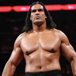 A vivid image of Dalip Singh Rana, famously known as 'The Great Khali', in his wrestling attire within a WWE ring, showcasing his towering physique and imposing presence.