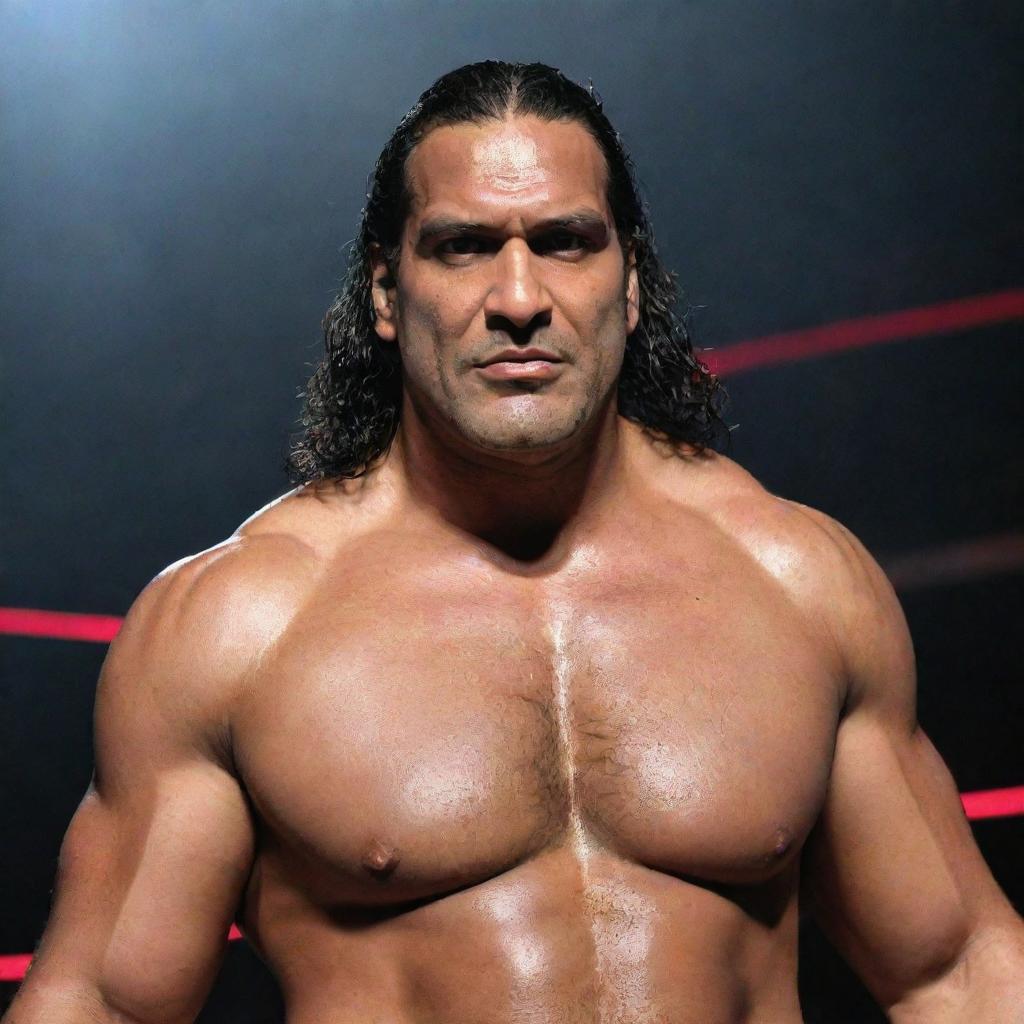 A vivid image of Dalip Singh Rana, famously known as 'The Great Khali', in his wrestling attire within a WWE ring, showcasing his towering physique and imposing presence.