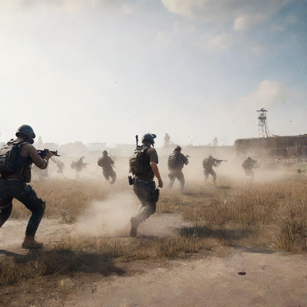 An intense battle scene from PUBG, featuring fully equipped players in an open field, guns ready, amidst splashes of dust and the distant silhouette of the impending play zone.