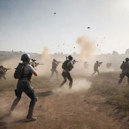 An intense battle scene from PUBG, featuring fully equipped players in an open field, guns ready, amidst splashes of dust and the distant silhouette of the impending play zone.