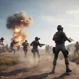 An intense battle scene from PUBG, featuring fully equipped players in an open field, guns ready, amidst splashes of dust and the distant silhouette of the impending play zone.