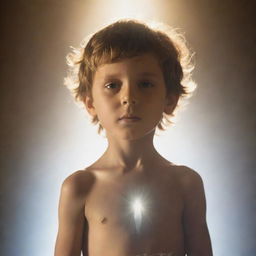 Divine figure bathed in ethereal light emerging behind a young boy, symbolizing guidance and protection