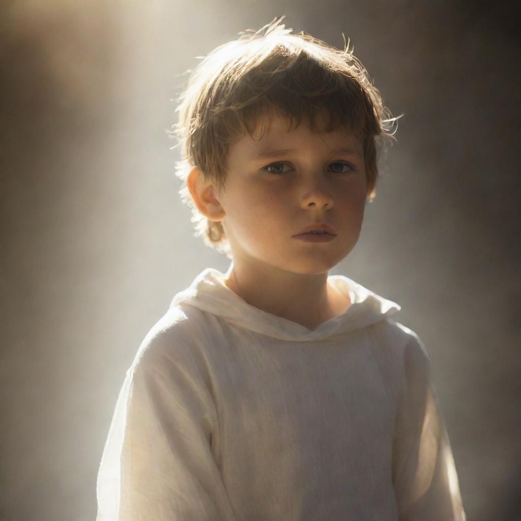 Divine figure bathed in ethereal light emerging behind a young boy, symbolizing guidance and protection