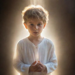 Divine figure bathed in ethereal light emerging behind a young boy, symbolizing guidance and protection