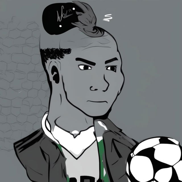 A high-quality digital art image of a Wojak character styled to resemble footballer Cristiano Ronaldo, complete with his signature hairstyle and football jersey, set against a plain background