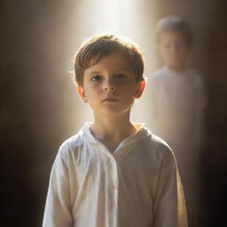 Divine figure bathed in ethereal light emerging behind a young boy, symbolizing guidance and protection