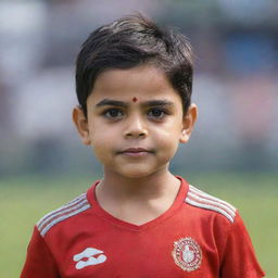 Generate an image of a child that resembles Virat Kohli, with his distinct features such as his expressive brown eyes, thick black hair, and strong jawline.