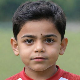 Generate an image of a child that resembles Virat Kohli, with his distinct features such as his expressive brown eyes, thick black hair, and strong jawline.