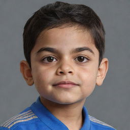 Generate an image of a child that resembles Virat Kohli, with his distinct features such as his expressive brown eyes, thick black hair, and strong jawline.