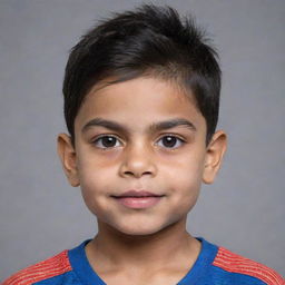 Generate an image of a child that resembles Virat Kohli, with his distinct features such as his expressive brown eyes, thick black hair, and strong jawline.