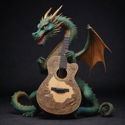 An eastern dragon melded with a guitar, displaying mystical elements of the dragon intertwining with the sturdy structure of the guitar.