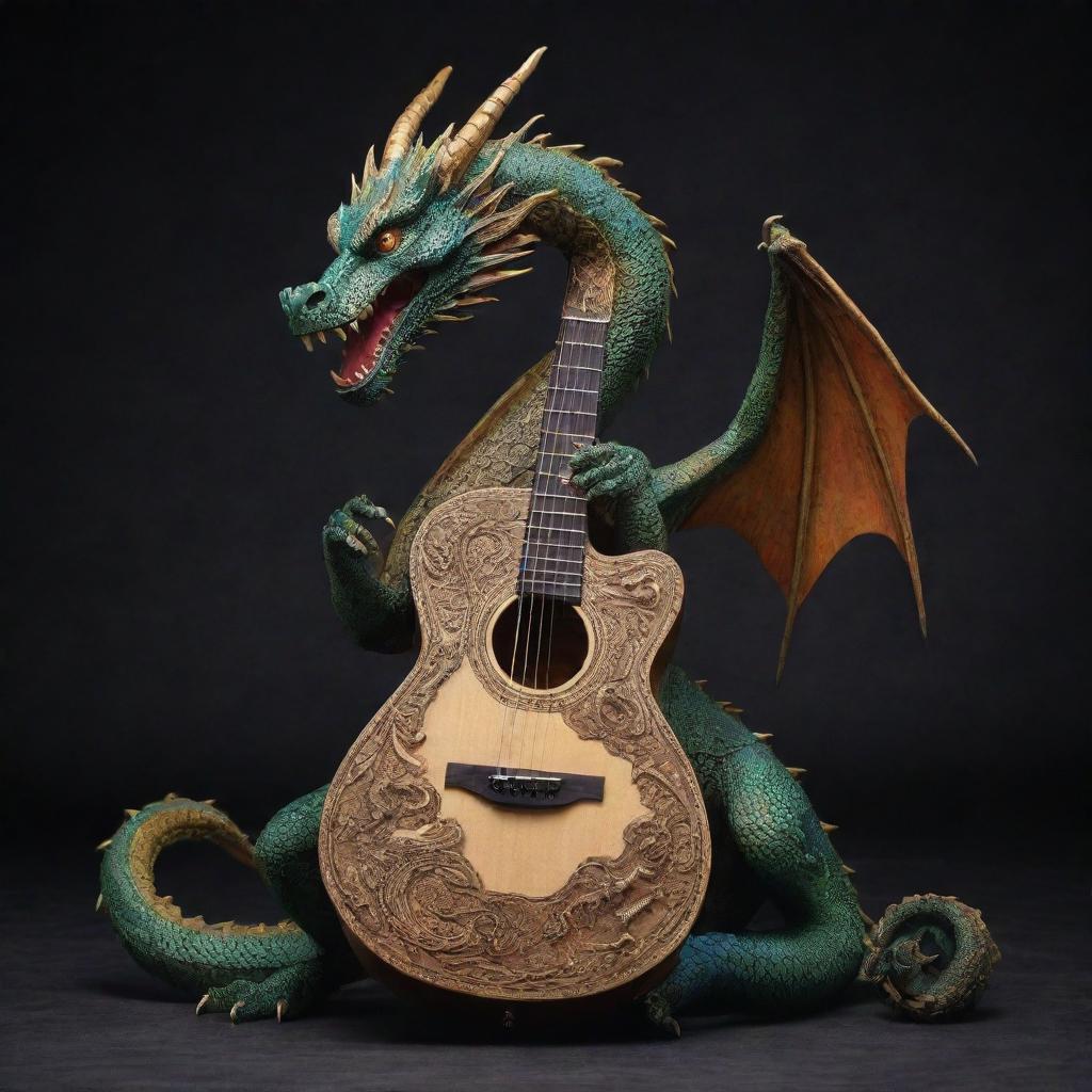 An eastern dragon melded with a guitar, displaying mystical elements of the dragon intertwining with the sturdy structure of the guitar.