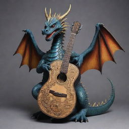 An eastern dragon melded with a guitar, displaying mystical elements of the dragon intertwining with the sturdy structure of the guitar.