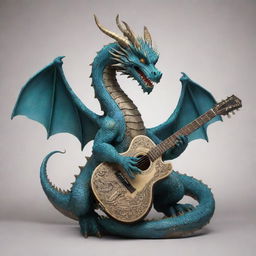 An eastern dragon melded with a guitar, displaying mystical elements of the dragon intertwining with the sturdy structure of the guitar.