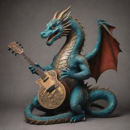 An eastern dragon melded with a guitar, displaying mystical elements of the dragon intertwining with the sturdy structure of the guitar.