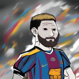 A premium digital art image of a Wojak character designed to resemble footballer Lionel Messi, complete with his characteristic hairstyle and football jersey, set against a plain background