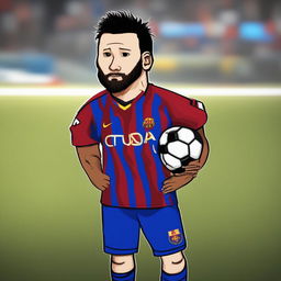 A premium digital art image of a Wojak character designed to resemble footballer Lionel Messi, complete with his characteristic hairstyle and football jersey, set against a plain background