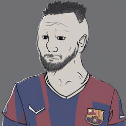 A premium digital art image of a Wojak character designed to resemble footballer Lionel Messi, complete with his characteristic hairstyle and football jersey, set against a plain background