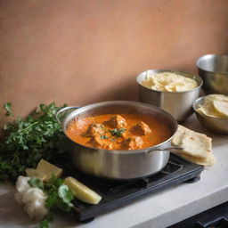 A traditional Indian kitchen with a steaming pot of butter chicken, rich with warm spices and garnished with fresh herbs on a stove.