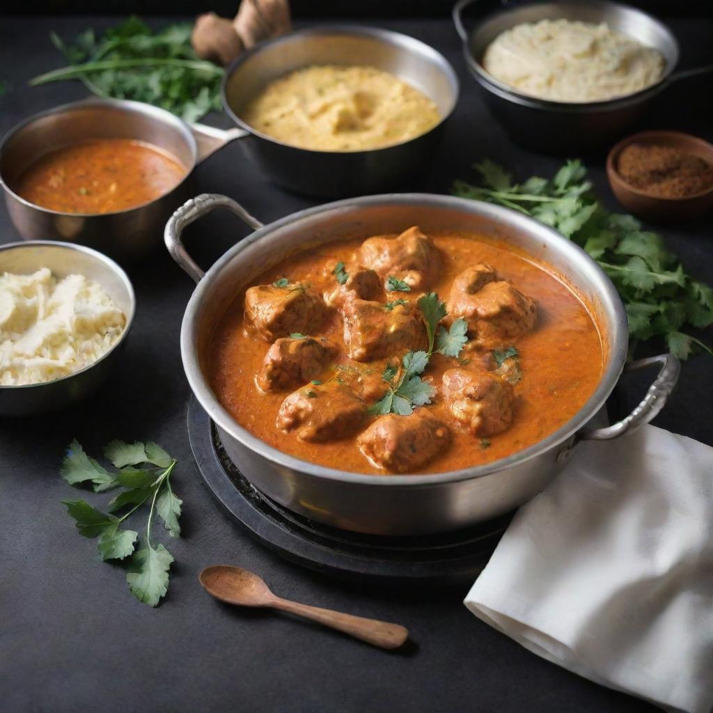 A traditional Indian kitchen with a steaming pot of butter chicken, rich with warm spices and garnished with fresh herbs on a stove.