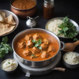 A traditional Indian kitchen with a steaming pot of butter chicken, rich with warm spices and garnished with fresh herbs on a stove.