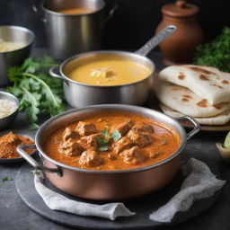 A traditional Indian kitchen with a steaming pot of butter chicken, rich with warm spices and garnished with fresh herbs on a stove.