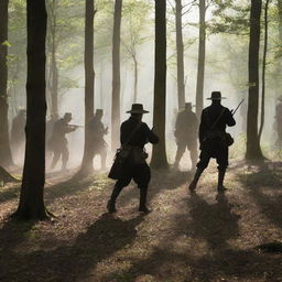 Several men engaged in a mock historical battle in a dense deciduous forest, sunlight filtering through the leaves and casting dramatic shadows.