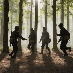 Several men engaged in a mock historical battle in a dense deciduous forest, sunlight filtering through the leaves and casting dramatic shadows.