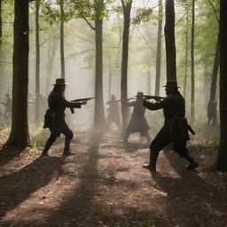Several men engaged in a mock historical battle in a dense deciduous forest, sunlight filtering through the leaves and casting dramatic shadows.