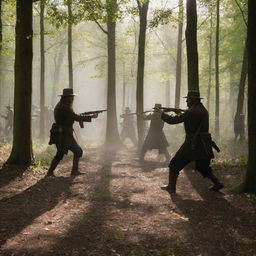 Several men engaged in a mock historical battle in a dense deciduous forest, sunlight filtering through the leaves and casting dramatic shadows.