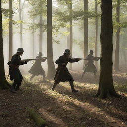 Several men engaged in a mock historical battle in a dense deciduous forest, sunlight filtering through the leaves and casting dramatic shadows.