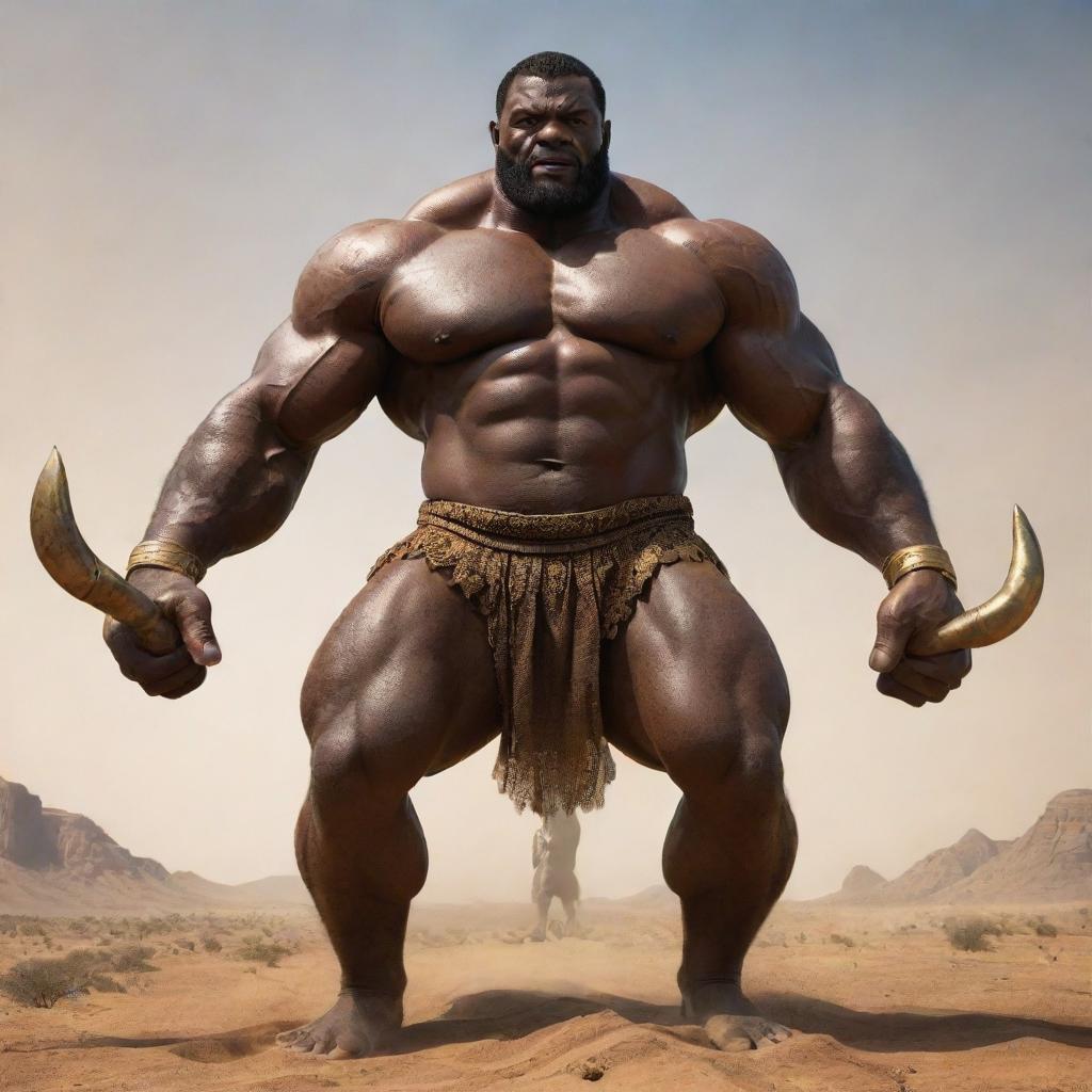 An imaginative visualization inspired by the continent of Africa personified as a giant Hercules, displaying strength and valor