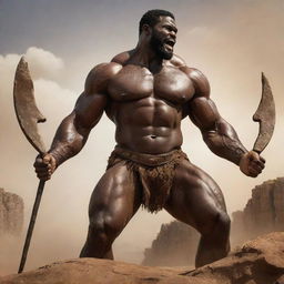 An imaginative visualization inspired by the continent of Africa personified as a giant Hercules, displaying strength and valor